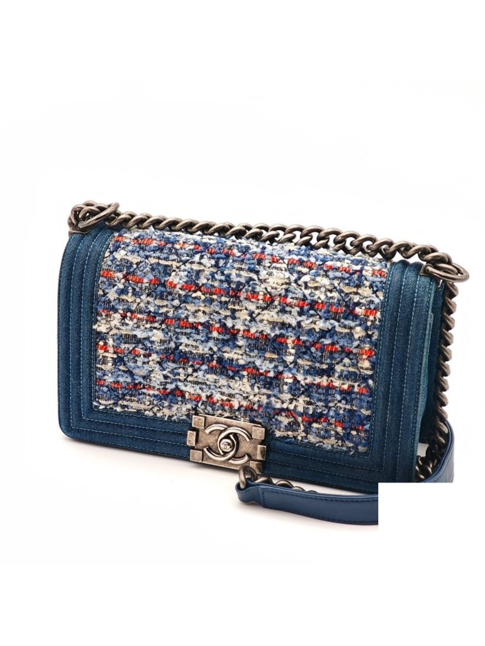 Chanel Boy Denim Tweed Shoulder Bag Flap Blue